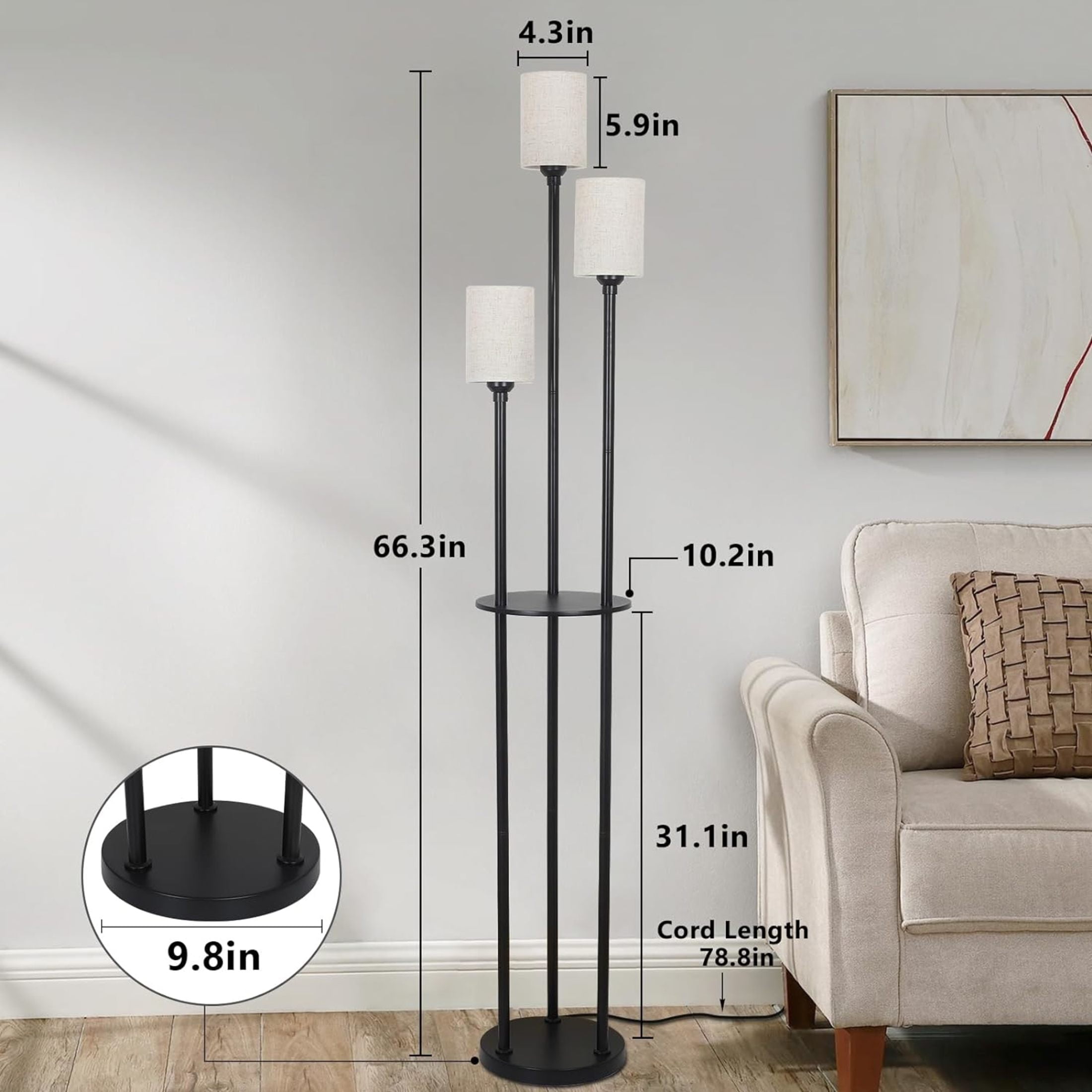 Noble House 3-Light Floor Lamp with Shelves, Black Industrial Tall Lamp with Linen Shades and Foot Switch, Black