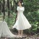 thumbnail image 4 of Vestido elegante para quinceañeras para fiesta de boda, vestidos de dama de honor de satén de manga corta con perlas, cuello cuadrado Simple, personalizados, 4 of 5