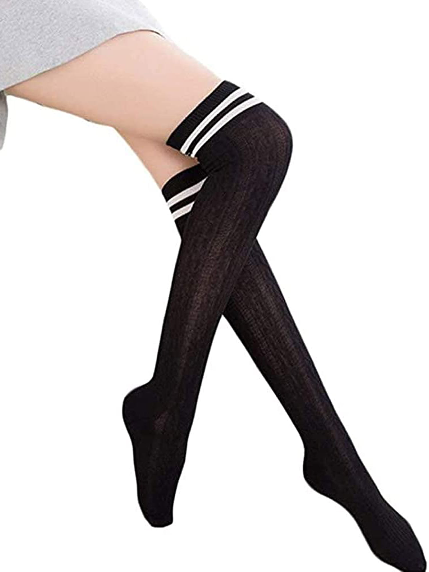 Xingqing Women Knit Cotton Over The Knee Long Socks Striped Thigh High ...