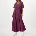 thumbnail image 4 of Plus Size Dresses, Fashion Women's Casual Short Sleeve Solid V-Neck Ladies Dress Long Dress(Wine,XL), 4 of 7