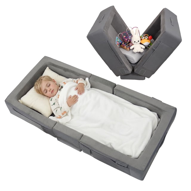 Cama de viaje para niños pequeños ENITYA, portátil, plegable, de espuma suave, gris