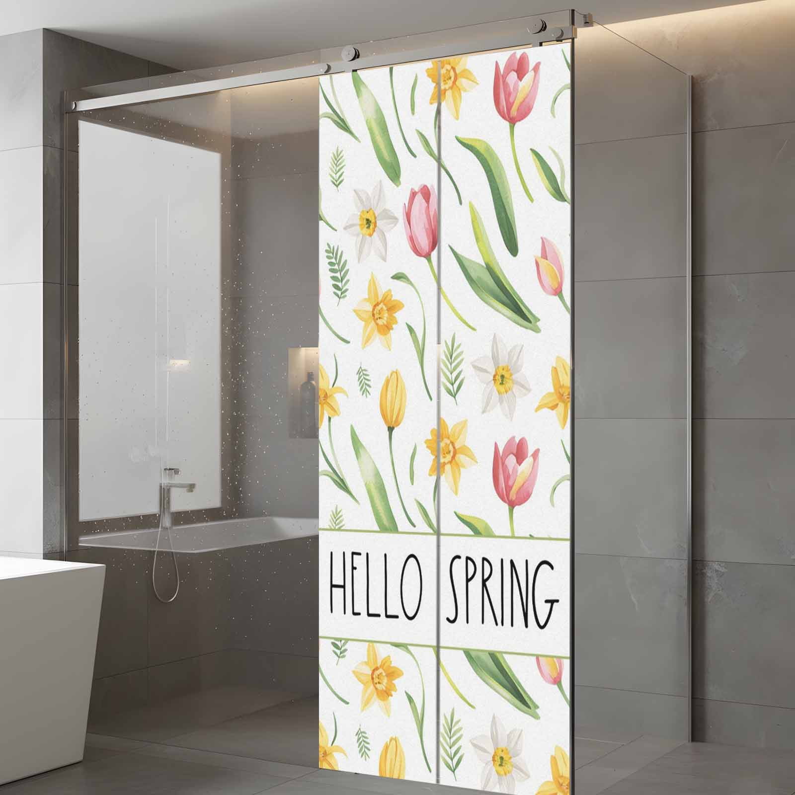 Hello Spring Window Privacy Film, Yellow Pink Tulip Flowers Green Leaf Pastoral Frosted Glass Window Clings Static Cling UV Heat Blocking Reusable Door Sticker for Bathroom 23.6 x 59 Inch