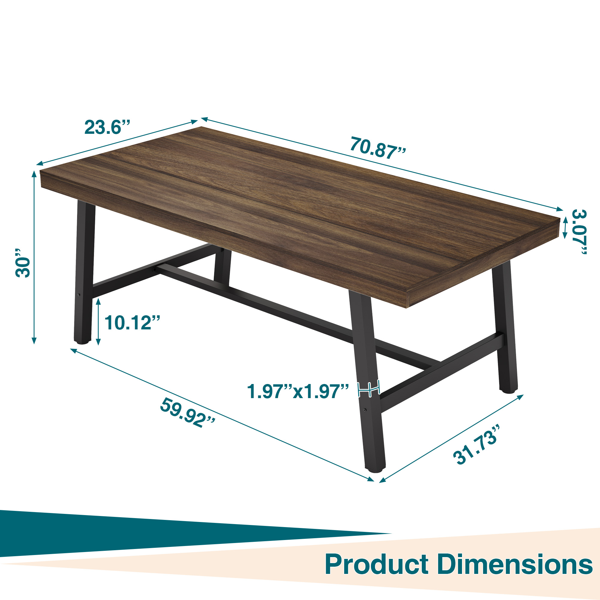 Industrial Dining Table for 6-8 People, 70.87" Long Wooden Kitchen Table with Sturdy Metal Frame & Black Finish, Seats 6 Rectangular Counter for Dinner, Kitchen, Dining Room