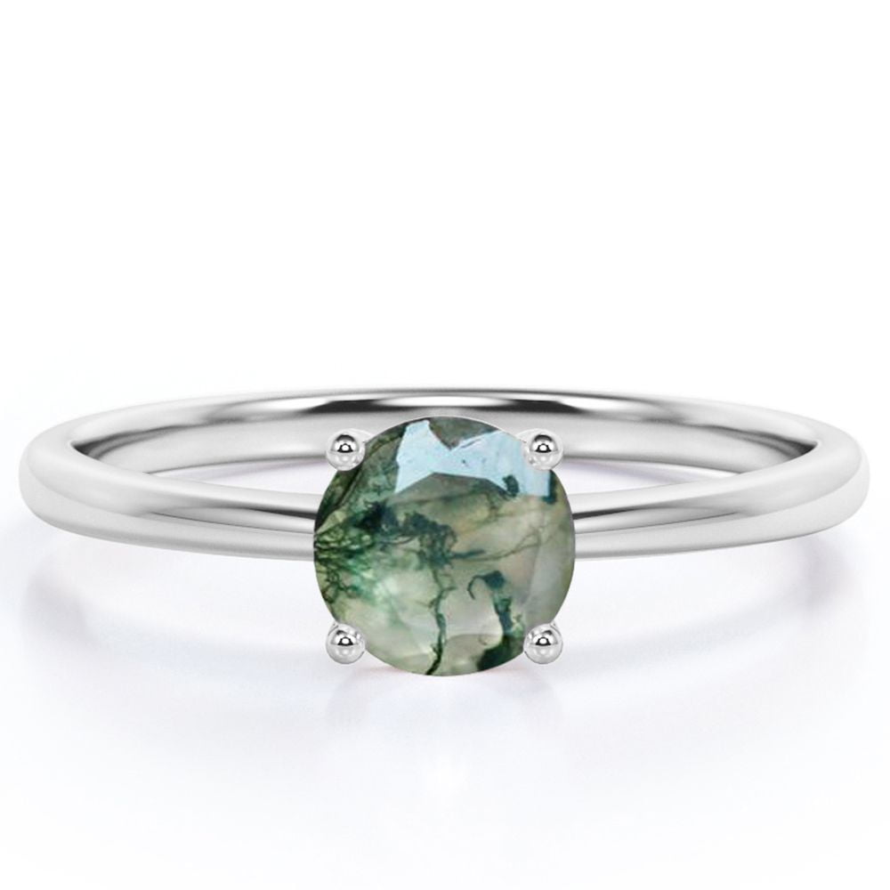 JeenMata 1 Carat Mono-Stone Cathedral Round Shape Natural Transparent Dendritic Moss Green Agate 4 Prong Set Engagement Ring In 18K White Gold Plating Over Silver