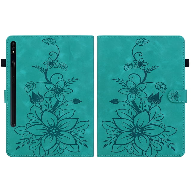 XYX Tablet Case for Samsung Galaxy Tab S7+ Plus/S8+ Plus/S7 FE, Lily Flower Pattern PU Leather Multiple Viewing Angles Stand Slim Folio Tablet Cover (Green)
