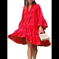 thumbnail image 3 of Vestido Bohemio de Encaje con Bordado de Ojales para Mujer, Escote en V, Mangas Acampanadas, Corte Holgado, 2025 Gran Rojo XXL, 3 of 8