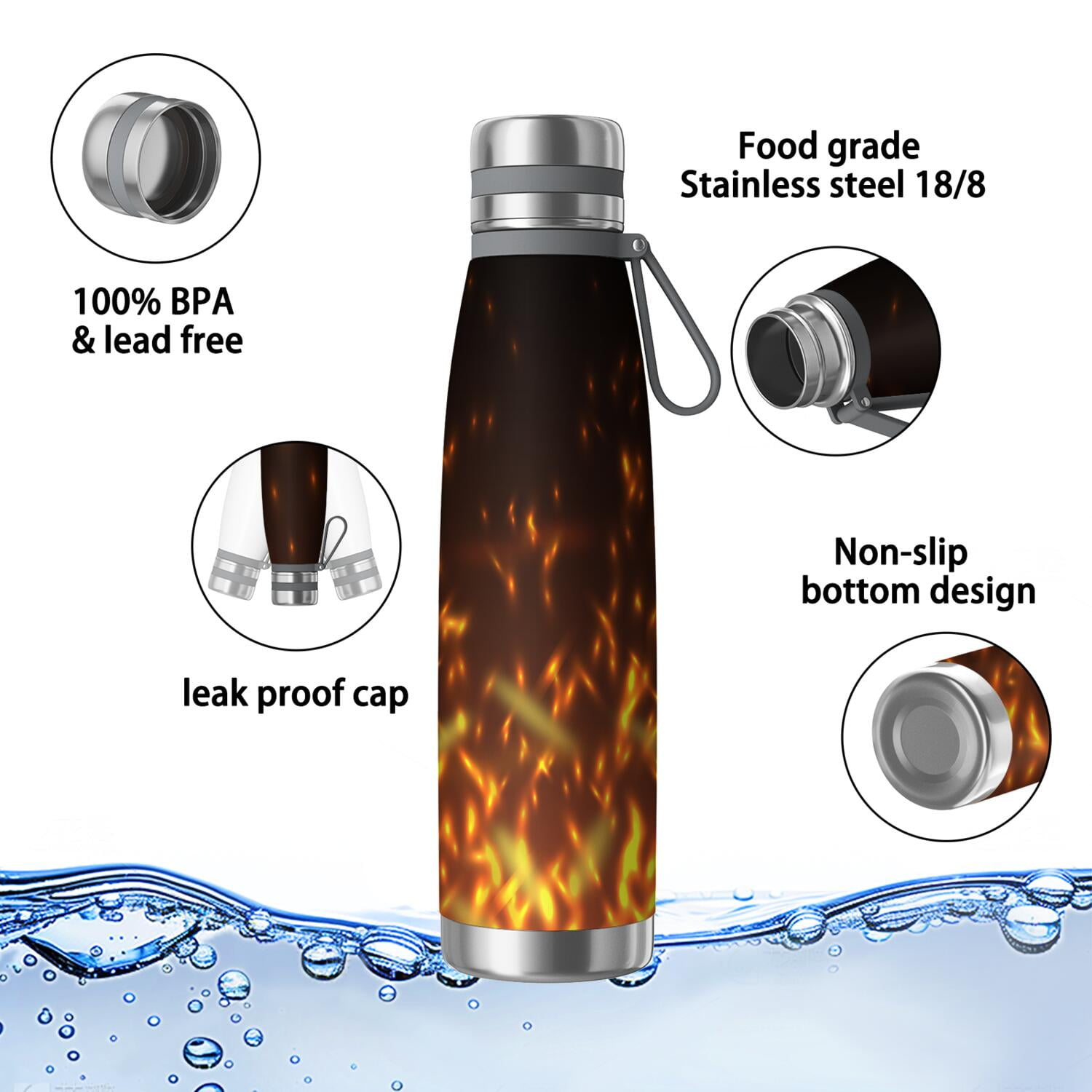29oz Insulated Water Bottle with Tea Infuser, Stainless Steel Travel Mug, Flame Print