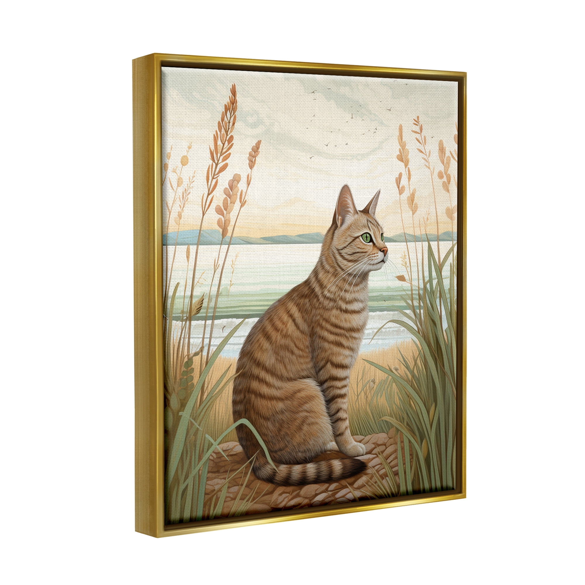 Stupell Industries Cat Sitting on Beach Animals & Insects Painting Gold Floater Framed Art Print Wall Art, 25 x 31