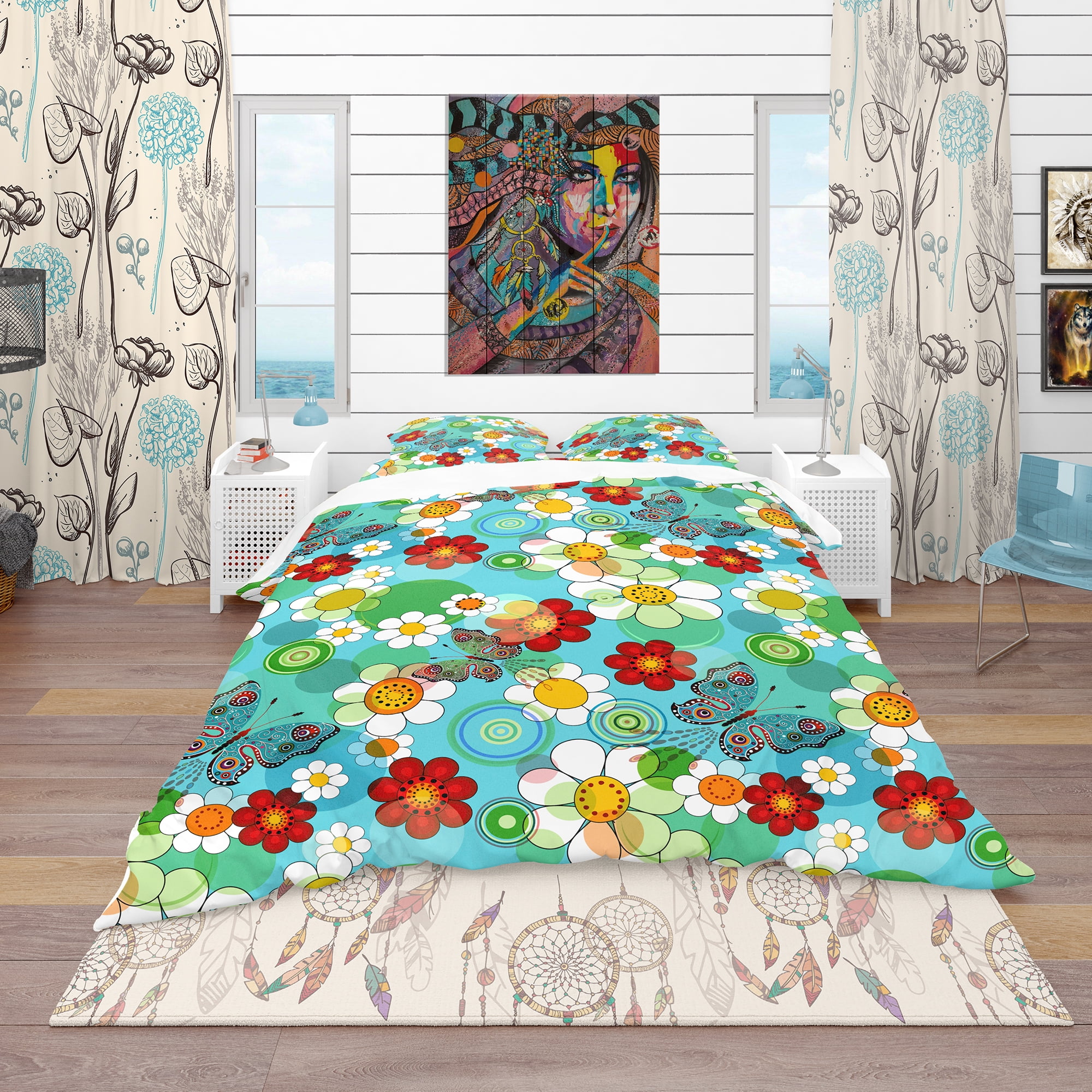 Designart 'Vivid Blue Floral Pattern' Bohemian & Eclectic Duvet Cover Set