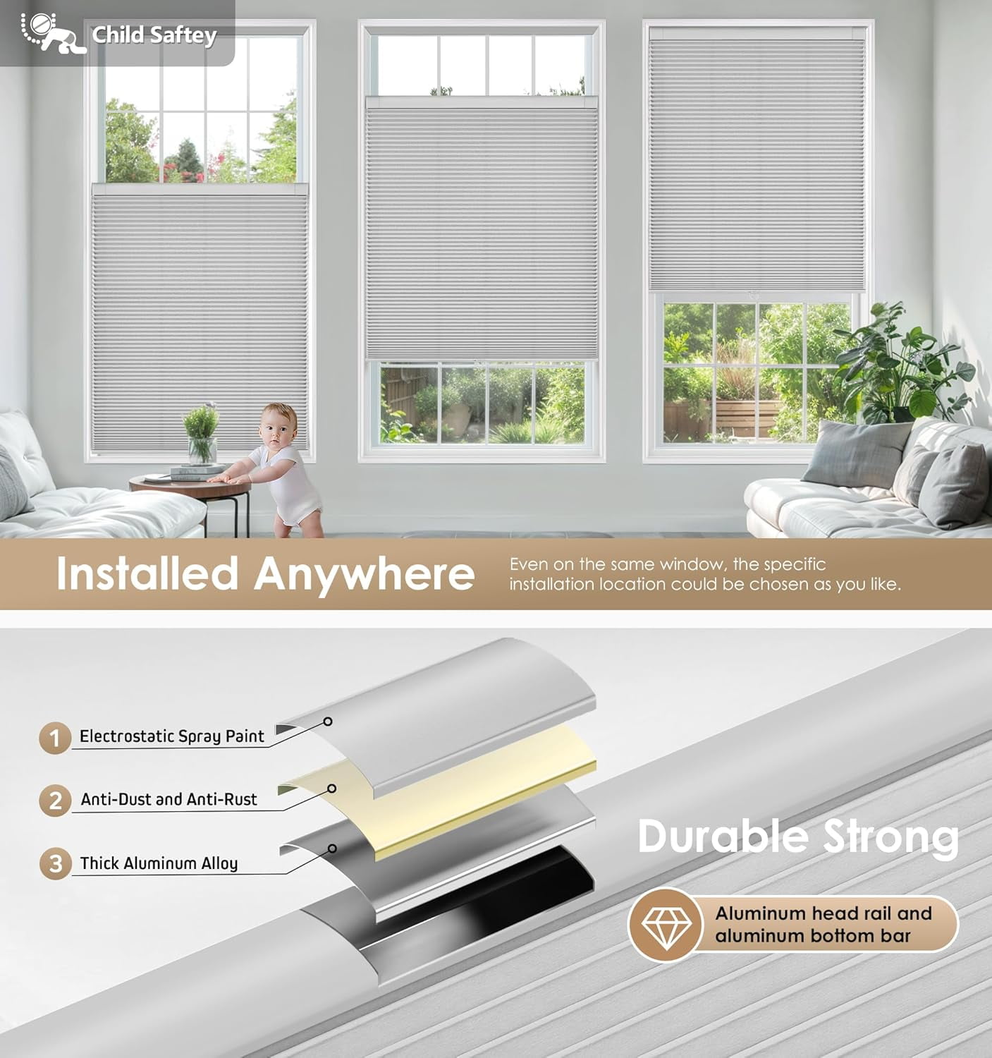 LazBlinds No Tools No Drill Cordless Cellular Shades, Light Filtering Honeycomb Shades for Home, Thermal Insulation Blinds for Windows, 44" W x 64" H, Grey