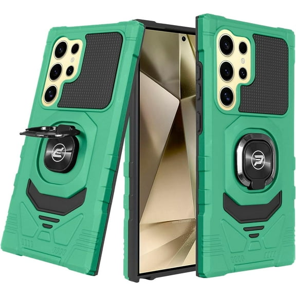 Wireless PROTECH Case Compatible with Samsung Galaxy S24 Ultra Phone (Screen Size 6.8") Ring Kickstand Magnetic Car Mount, PC and TPU Impact-Resistant Protective Case (Dark Green)