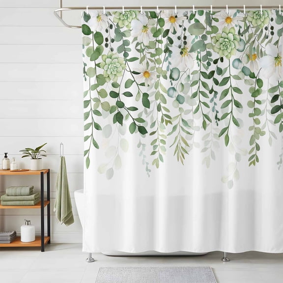 Shower Curtain Sage Green Leaves Shower Curtains for Bathroom Decor, Waterproof Polyester Shower Curtain Set with Hooks, Extra Long 72" x 78" Daisy Plant