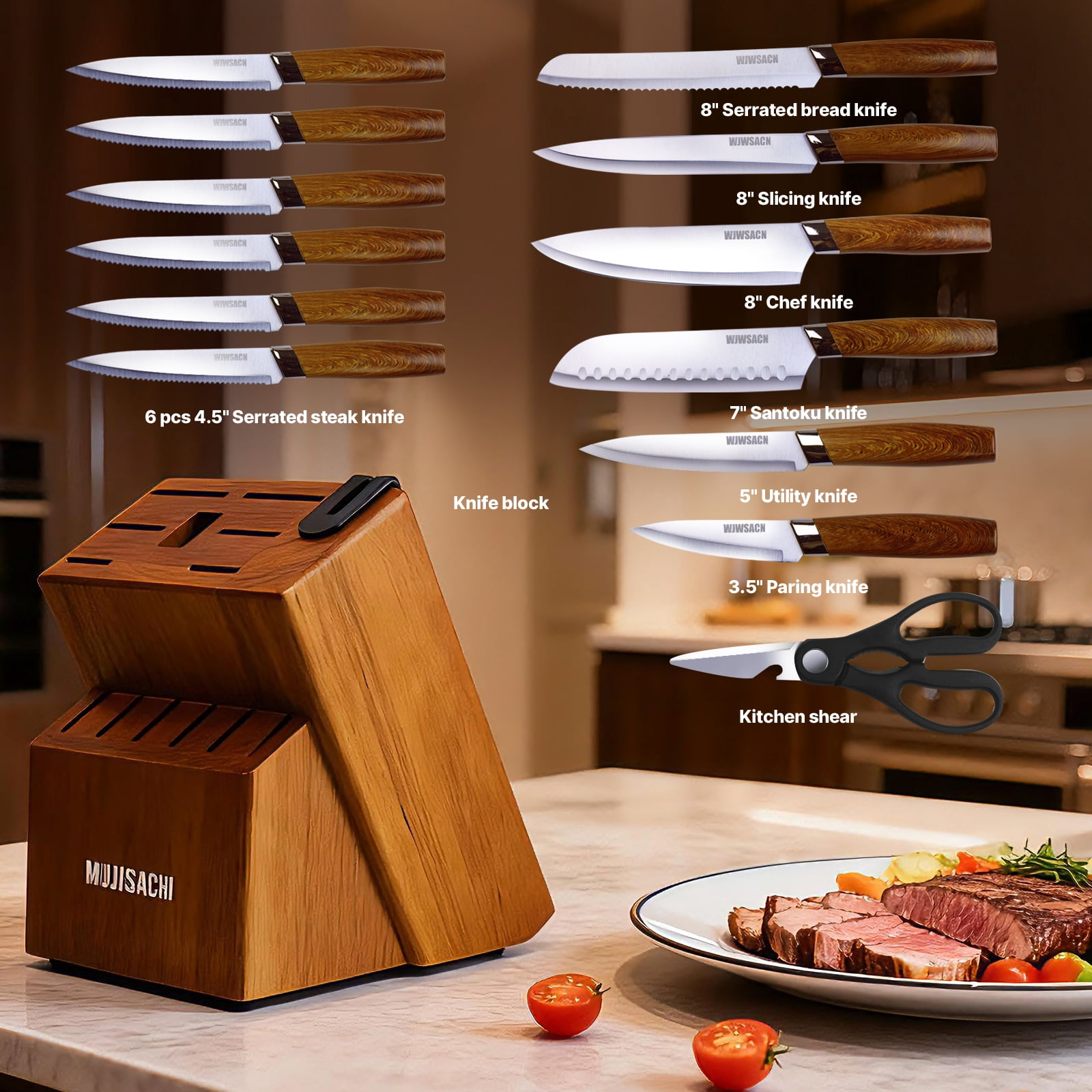 Knife Set, 14pcs Kitchen Knives Set with Block and Sharpener, Stainless Steel Ultra Sharp Knife Block Set, Dishwasher Safe, Non-Slip Handles, Brown, Mothers Day Gifts