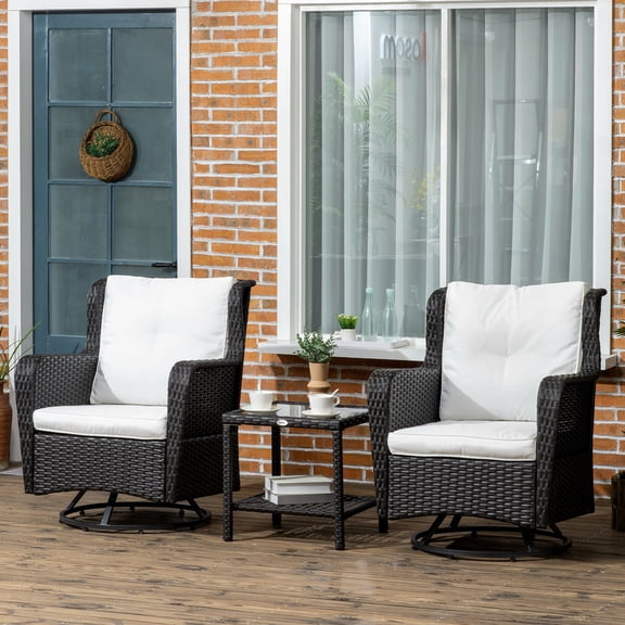 Outsunny 3-Piece Patio Bistro Set, PE Rattan Wicker Outdoor Furniture, Soft Cushions, 2 360 Swivel Rocking Chairs, 2-Tier Coffee Table, Cream White