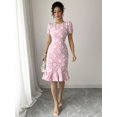 thumbnail image 4 of Pink Floral Embroidered Puff Sleeve Ruffle Hem Midi Fit & Flare Dress, 4 of 30