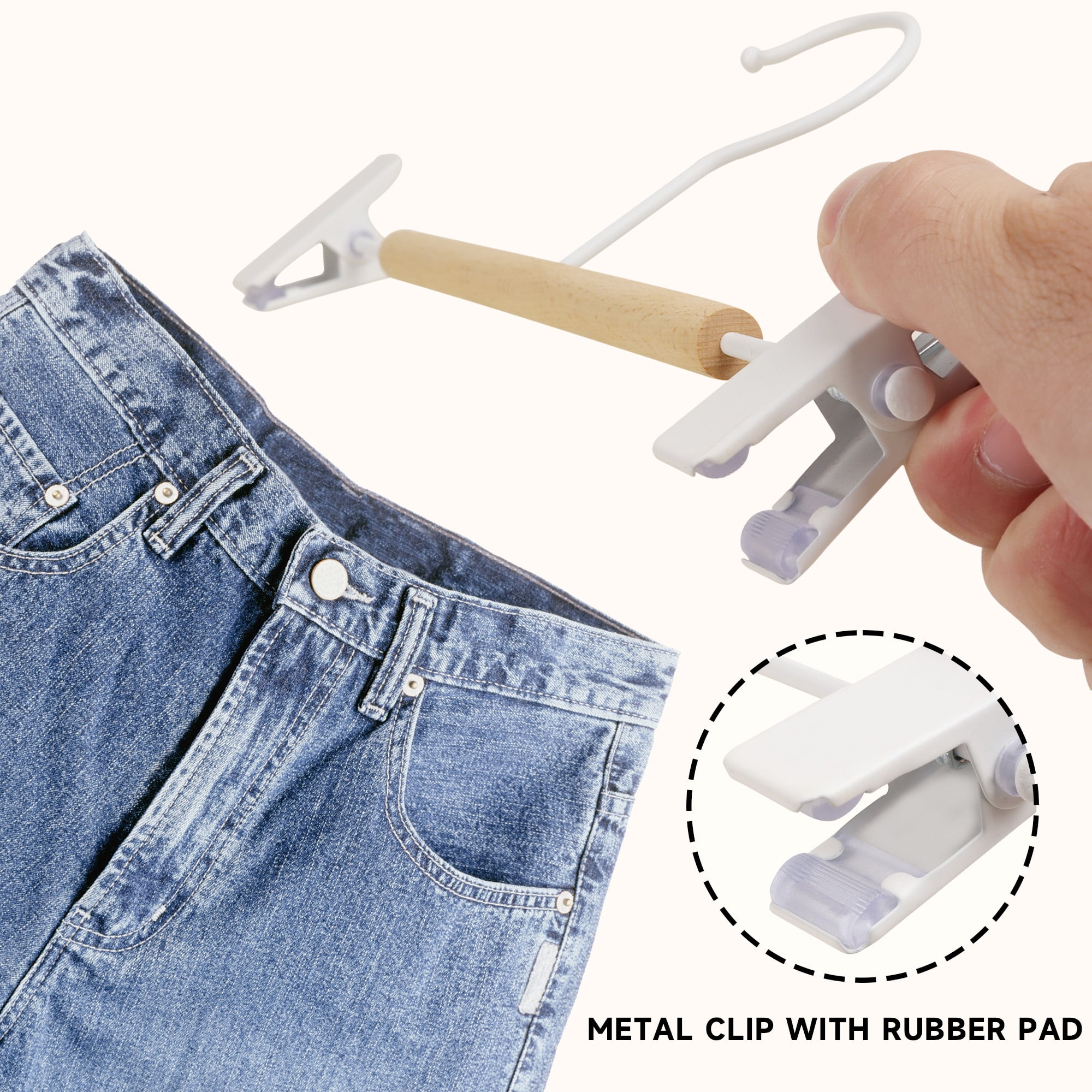 BP4U 12-Pack Metal Pants Hangers with Adjustable Clips, Premium Beech Wood Skirt Bottom Hangers for Trousers, Jeans, Shorts, Socks(White)