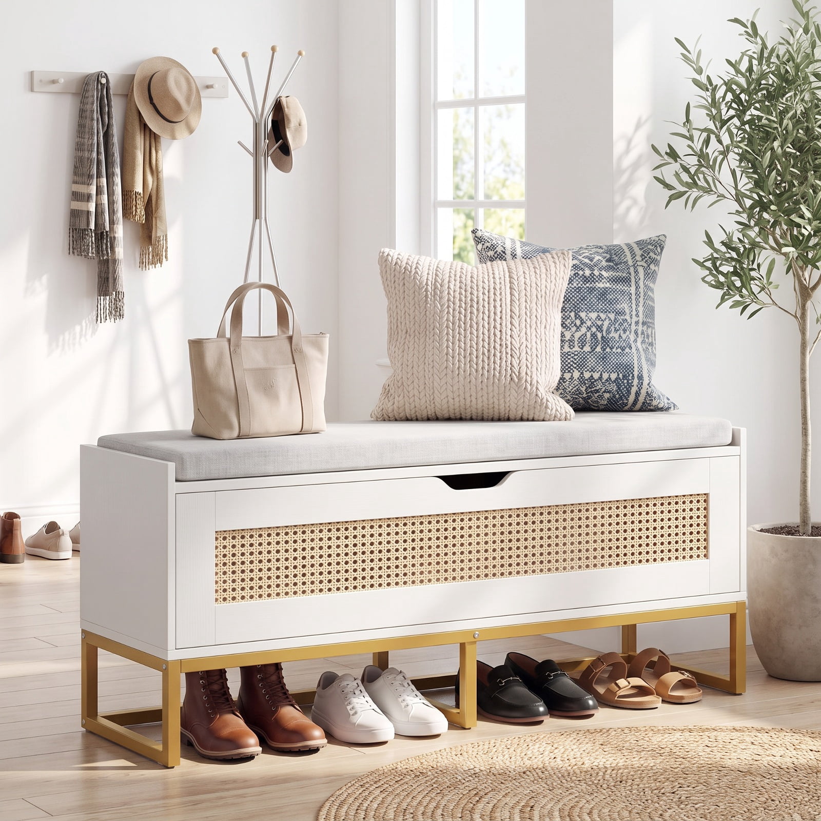 Furnibear 39.5 Inch Rattan Storage Chest Wicker Shoe Storage Bench with Padded Seat and Flip Top Lid for Entryway Bedroom and Living Room, White