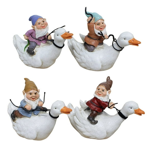 4Pack Garden Decoration Resin Gnome Riding Duck Ornament Outdoor Sculpture Creative Miniature Pond Ornament