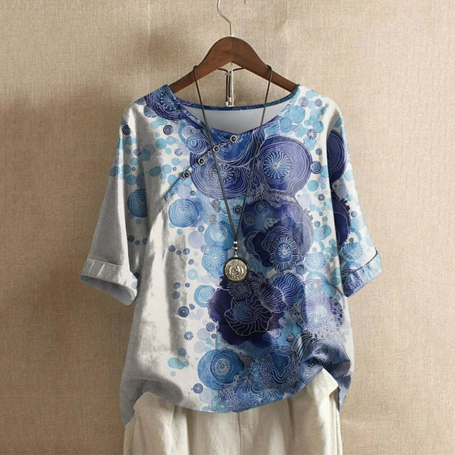 SMihono Hauts pour Femmes Été Mode Décontractée Femme Col Rond Imprimé Blouse Manches 1/2 T-Shirt Été Grande Taille T-Shirt