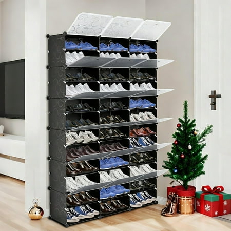 Condition photo showing New/Like New for ktaxon 36 cubes 72 pairs modular plastic shoe storage cabinet boxes expandable 12 tiers shoe rack shelf tower stand shoe storage organizer for hallway bedroom closet entryway black