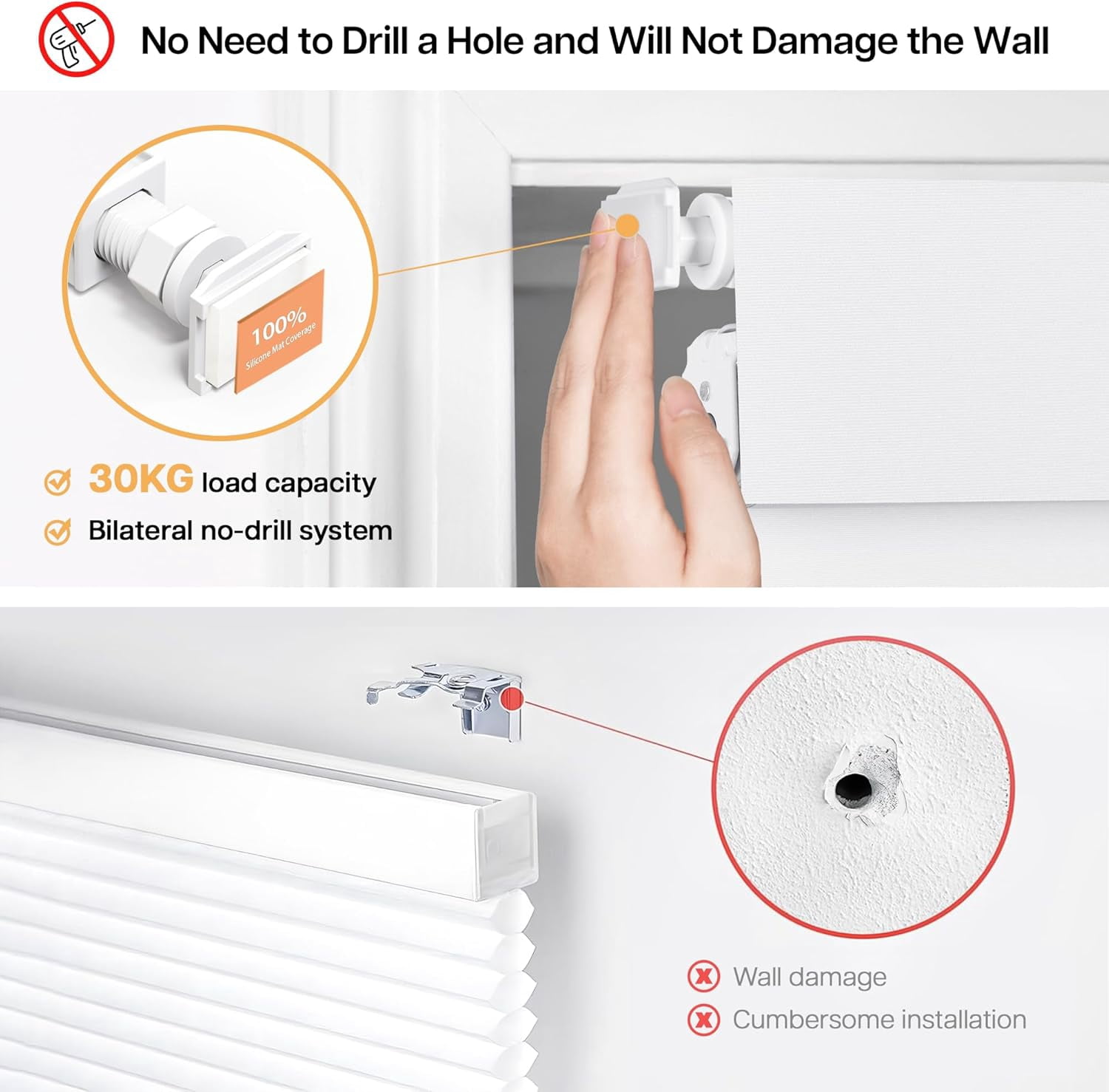 LazBlinds No Drill Blinds for Indoor Windows, Blackout Roller Shades, Cordless Window Blinds, Thermal Insulated Fabric UV Protection, for in Home and Office, 34.5" W x 72" H, White