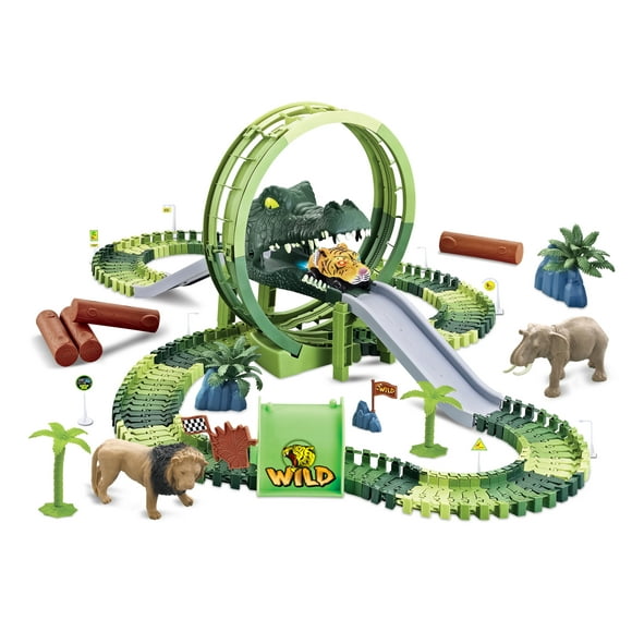Magical Zoo Twisting Race Car Track - Alligator Tunnel Bridge W/ Loop Flexible Bending Tracks w/ Race Track Slot Car Toy - ( Totals 144 pcs )