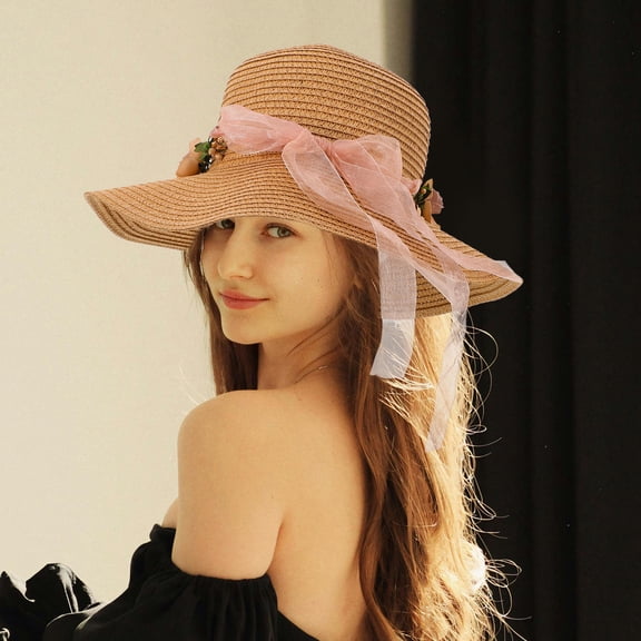 Womenโs Wide Brim Straw Sun Hat with Khaki Garland, Floppy Beach Hat for Adults, UV Hat