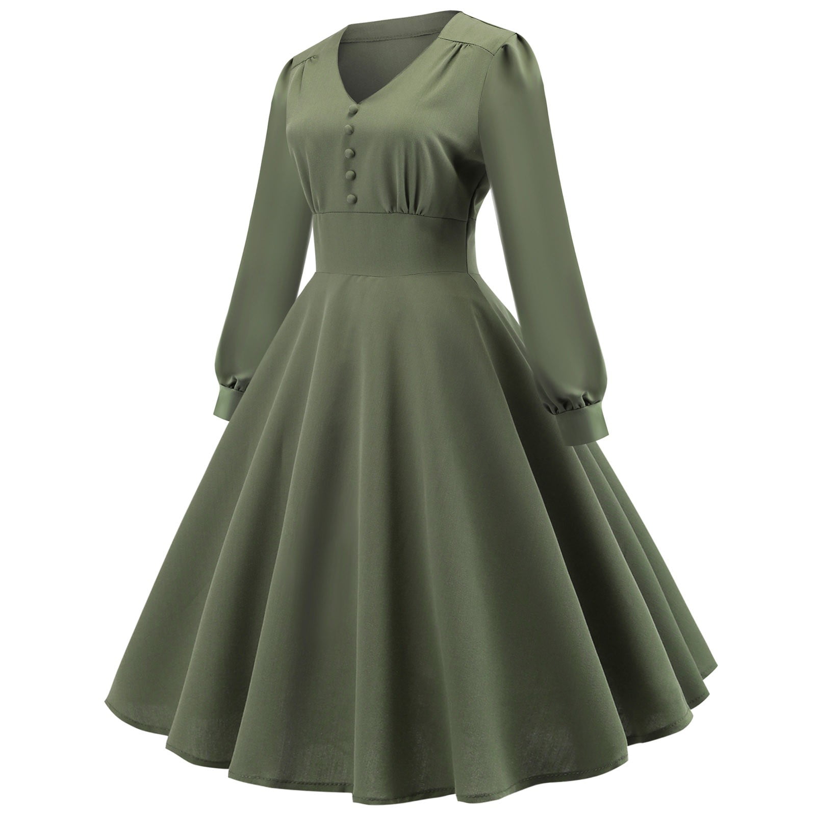 Women's 1950s Retro Cocktail Dress V Neck Button Long Sleeve Swing Dress High Waist A Line Midi Prom Dress -