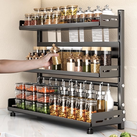 MTYIQS 3-Tier Spice Rack Organizer for Cabinet, Adjustable Kitchen Countertop Storage Shelf, Durable Carbon Steel Pantry Organizer for Spices, Cans, Jars