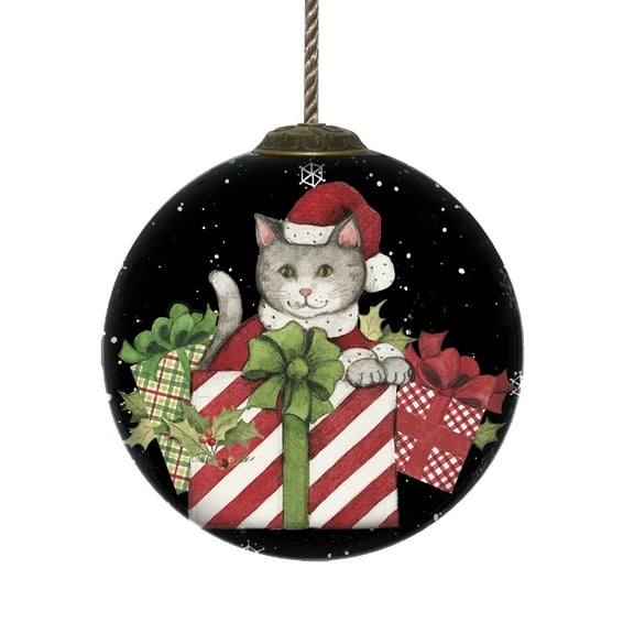 Christmas Cat with Presents Hand Painted Mouth Blown Glass Ornament