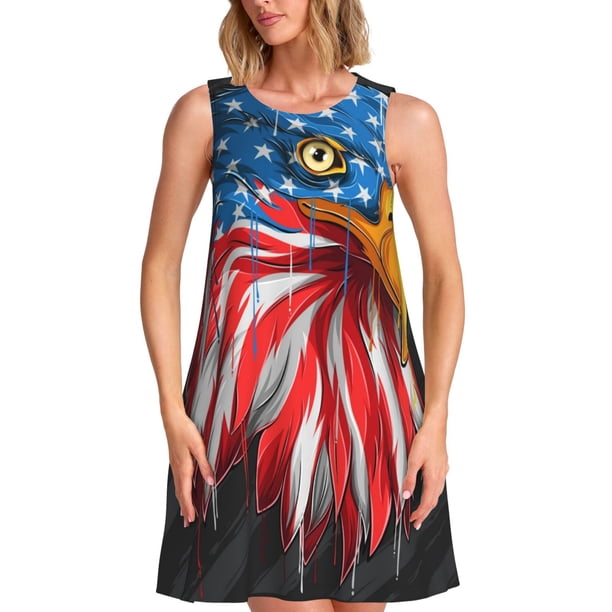 Fotbe Eagle Head With American Flag Vestido de Verano sin Mangas para Mujer – Vestido Midi Línea A, Estilo Camiseta Floral, Vestido Playero Casual y Fluido