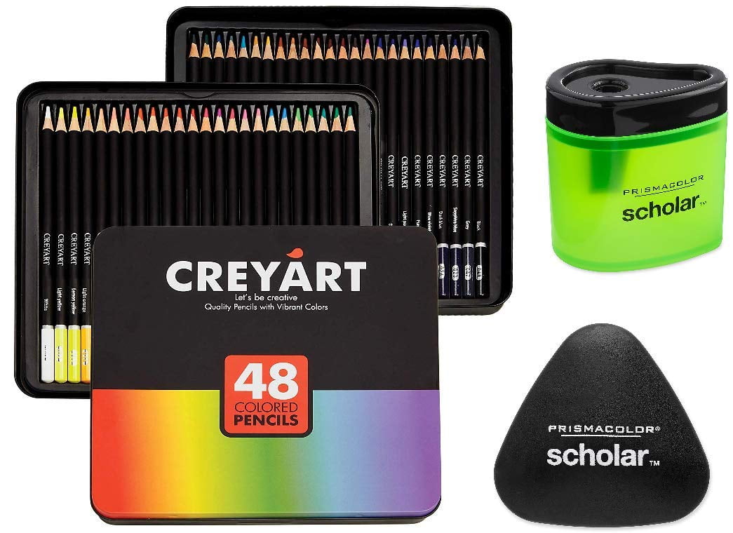 Colored Pencils Set of 48 – Pre-Sharpened Nontoxic Art Supplies for Kids  and Adults - Soft and Thick Oil Based Leads – 48 Colors in Tin Box - +  Prismacolor Sharpener + Prismacolor Eraser - by Creyart 