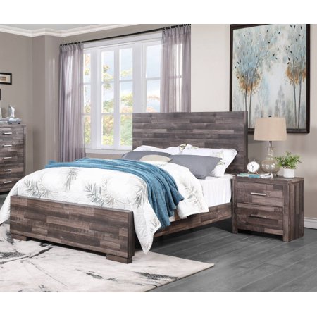 Contemporary 3pc Set Bedroom Furniture Eastern King Size Panel Bed 2x Nightstands Plank Pattern