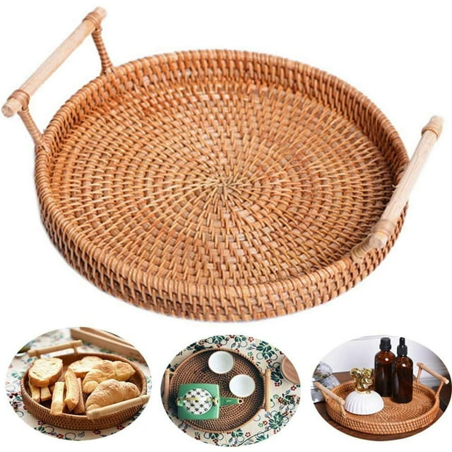 Woven Serving Tray,Rattan Round Tray Woven Wicker Basket with Handles