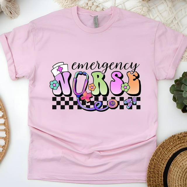 Emergency Nurse T-Shirt | Pastel Lettering with Stethoscope and Checkered Print Tee, Light Pink, Size 2XL