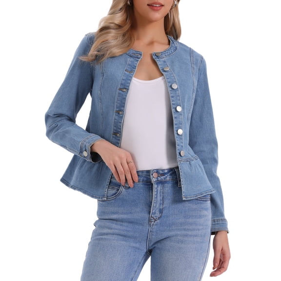 DARING DIVA Women's Peplum Hem Button Down Collarless Jean Jacket XS Light Blue
