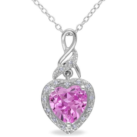 2-1/4 Carat T.G.W. Created Pink Sapphire and Diamond Accent Sterling Silver Heart Pendant, 18