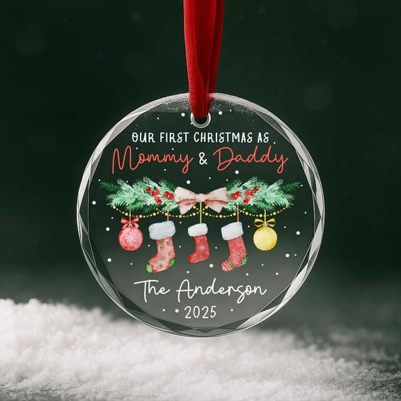 First Christmas as Mommy & Daddy Glass Ornament – Personalized New Parents Family Keepsake