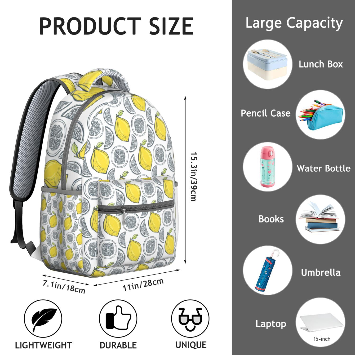 I Love Lemons Backpack - Floral & Fruit Themed Waterproof Bookbag, Breathable Mesh Straps, Padded Back Panel for Spinal Support, Ideal for Commuters