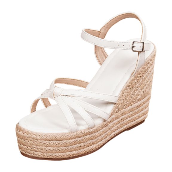 IWRICH Women's Espadrilles Wedge Platform Sandals Braided Ankle Strap Open Toe Heels Beach Sandals Summer Shoes White 9.5