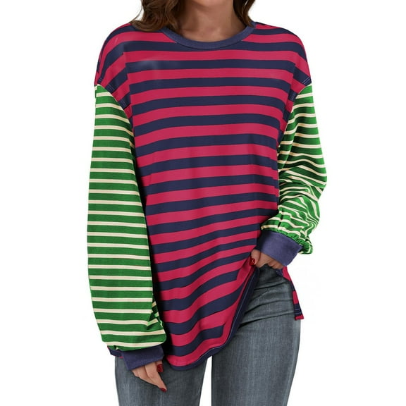Ayfxijin Long Sleeve Shirts for Women,Women's Long Sleeved Top Striped T-shirt Loose T-shirt Round Neck Top/shirt
