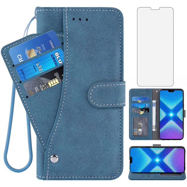 IBAOLE Compatible with Huawei Honor 8X Wallet Case and Tempered Glass Screen Protector Flip Cover Credit Card Holder Stand Cell Accessories Lanyard Phone Cases for Hawaii Honor8X X8 Women Men BlueBlue