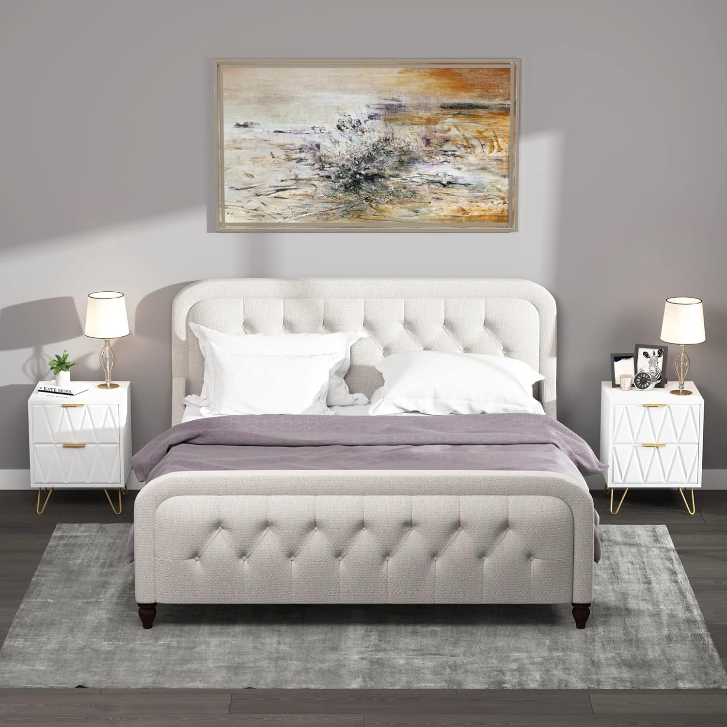 Kadyn White Night Stands for Bedrooms Set of 2, Modern Bedside Table with 2 Drawers Storage, Wood Nightstand End Side Tables with Golden Metal Legs for Bedroom Living Room