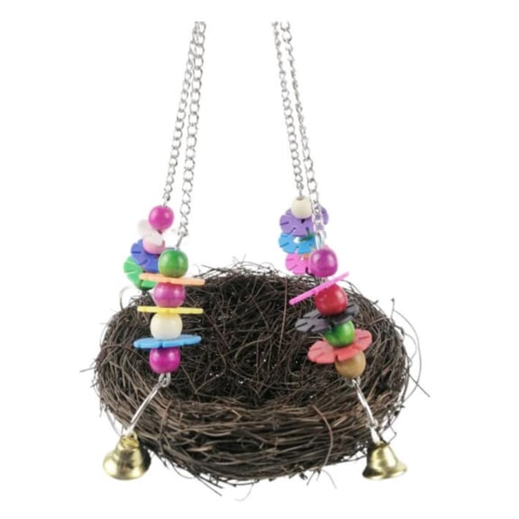 THHEIC Natural Rattan Bird House with Colorful Beads and Bell, Hanging Roosting Nest Cage for Parrots Lovebirds Finches, Outdoor Garden Window Decoration, Bird House