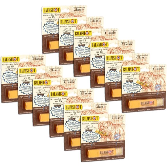Paquete de 12 bálsamo labial de cera de abeja clásico original genuino Balmshot SPF 15 0.15 oz