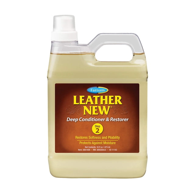 acondicionador farnam leather new deep cleaner restorer 473 ml garrafa con asa y boquilla, etiqueta marrón con logo Farnam y texto "LEATHER NEW", envase de 16 onzas (473 ml) para cuero y sillines que restaura suavidad y flexibilidad y protege contra la humedad; también suele usarse para mantenimiento de equipo de equitación.