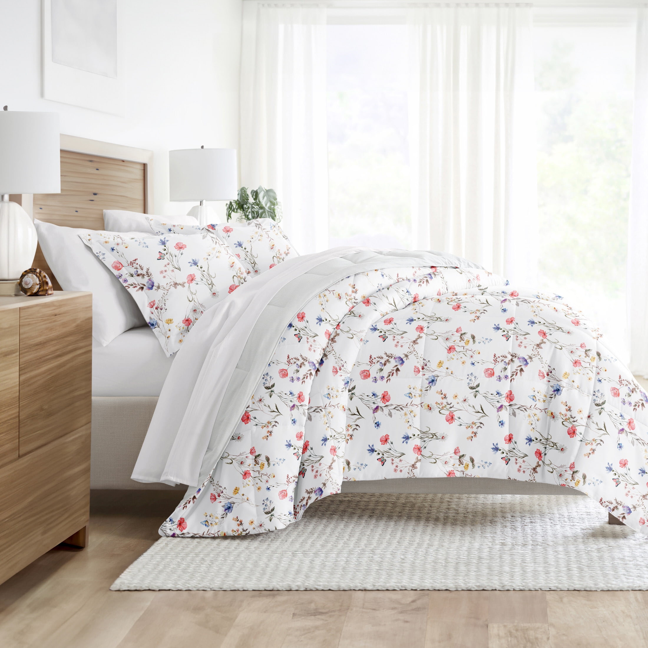 Noble Linens Down Alternative Meadow Floral Stripe Pink Reversible Comforter Set
