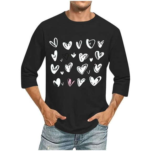 Fznquz Black T Shirts for Men Fashion Casual Long Sleeve Tees Pullover Heart Graphic Men Fashion