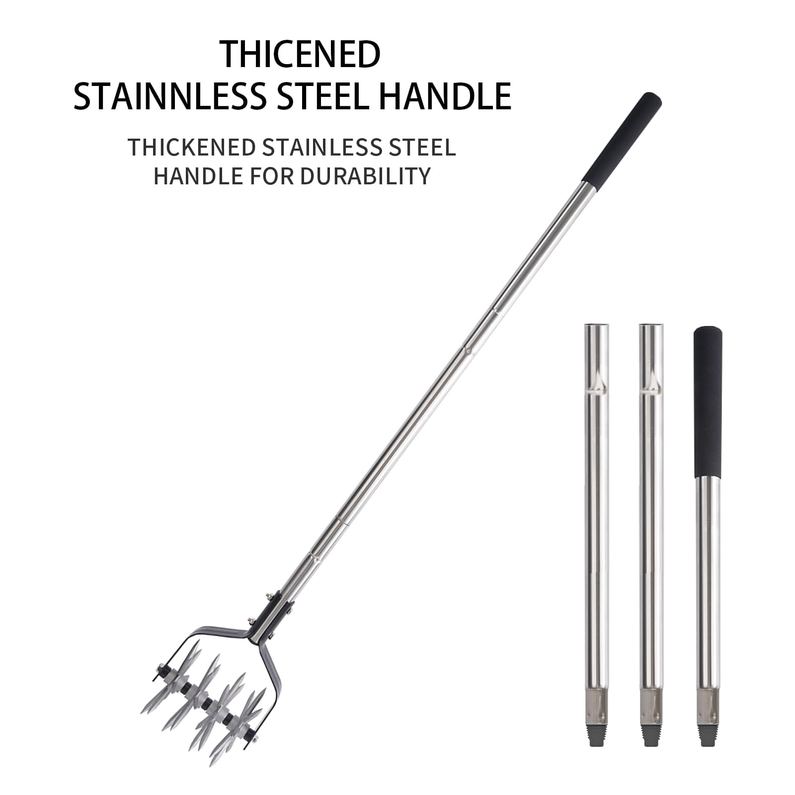 Rotary Cultivator Garden Tool  Adjustable Hand Tiller Long Handle For Aerating Planting And Mixing Soil Or Reseeding Grass