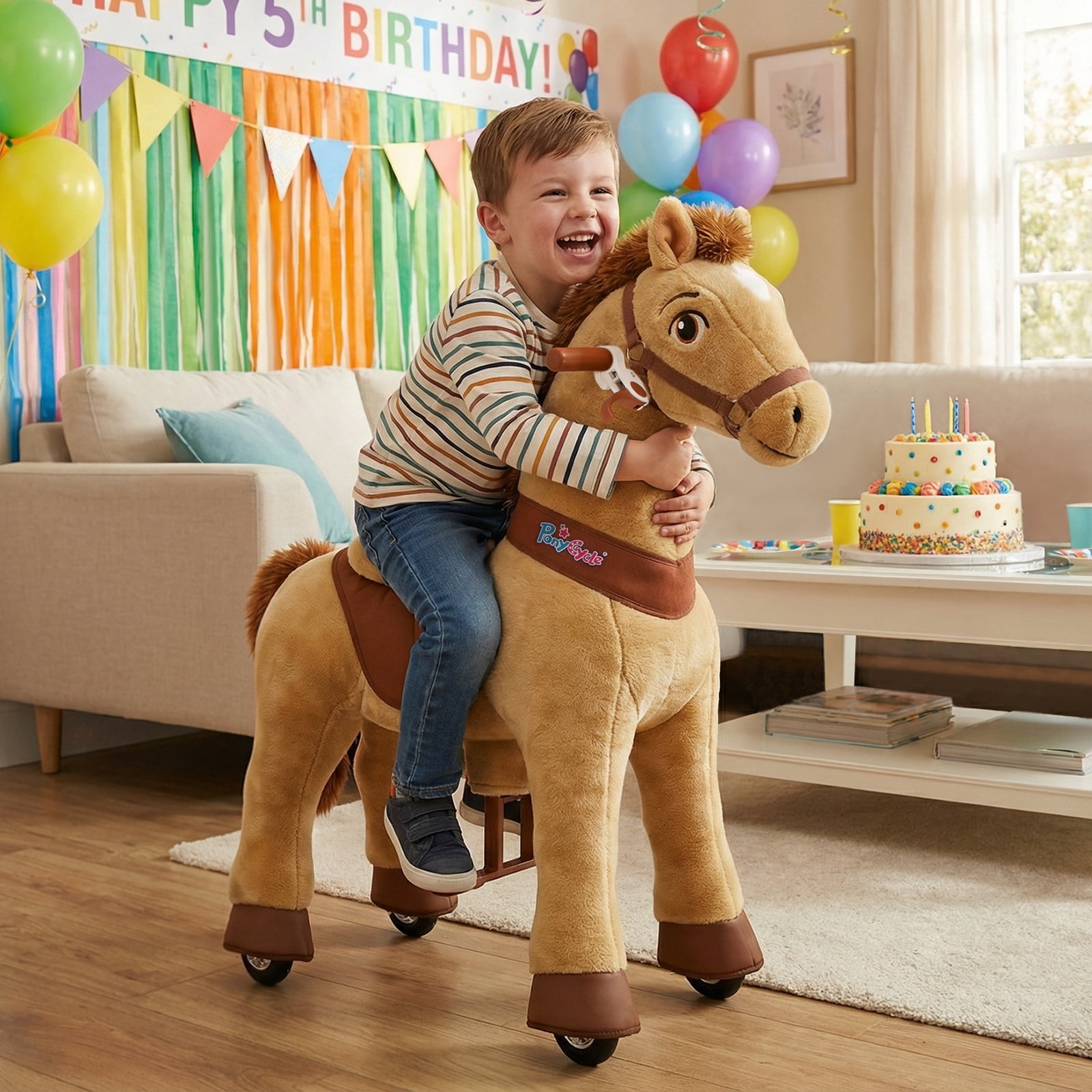 PonyCycle Kid-Powered Ride-On Horse Toy, No Battery, Hand Brake, Ages 3–4, Light Brown, E336